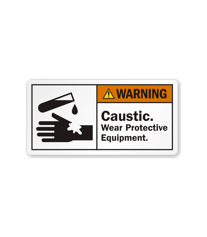 Caustic Hazard Warning Label - ANSI Compliant with Protective Gear Symbol